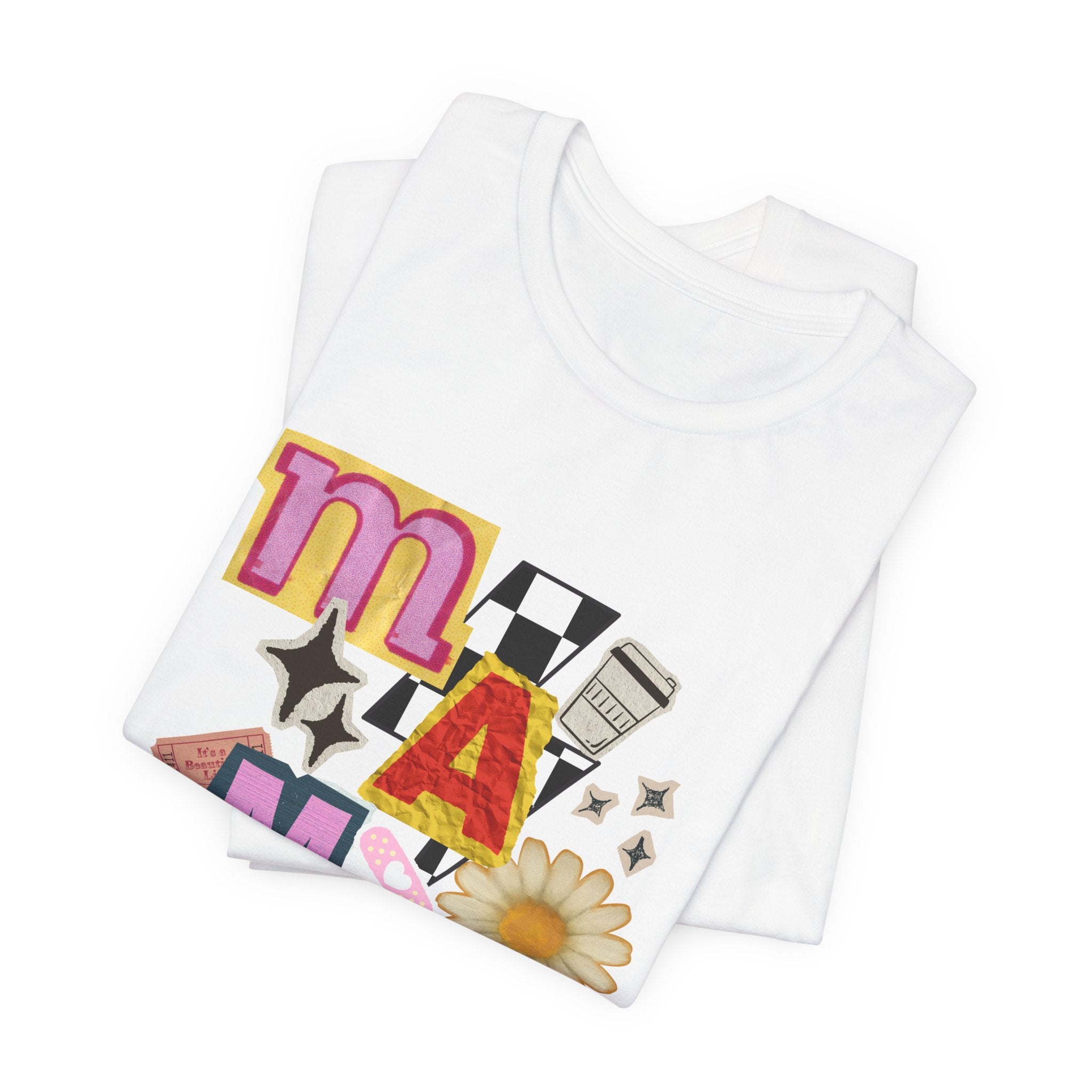 Mama Collage Graphic Tee — Retro Daisy Smile Patch Design