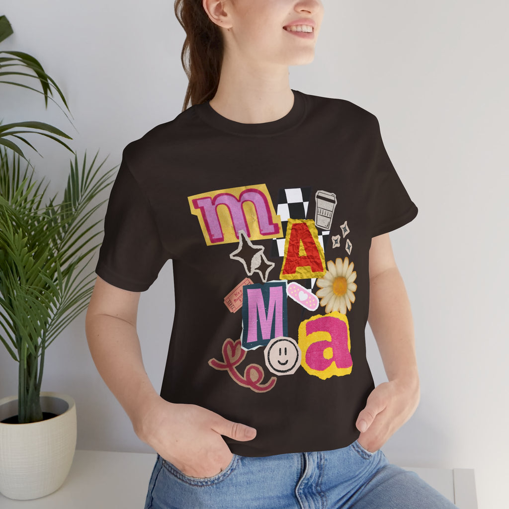Mama Collage Graphic Tee — Retro Daisy Smile Patch Design