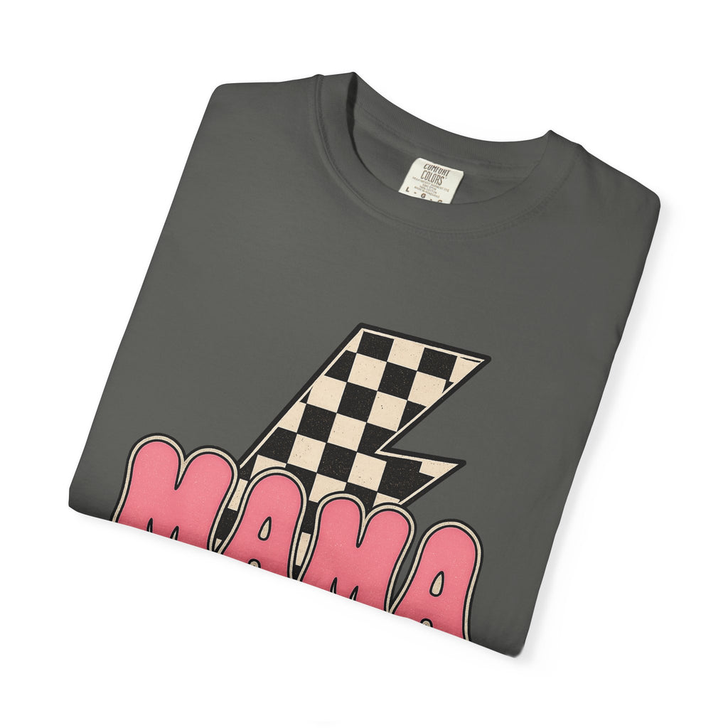 Mama Lightning Bolt T-Shirt – Retro Checkerboard Pink Graphic Tee for Moms