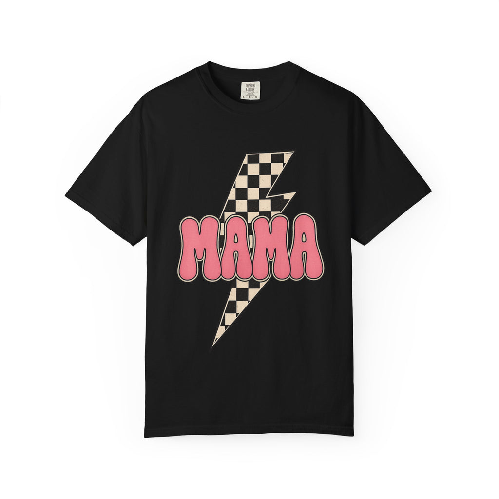 Mama Lightning Bolt T-Shirt – Retro Checkerboard Pink Graphic Tee for Moms