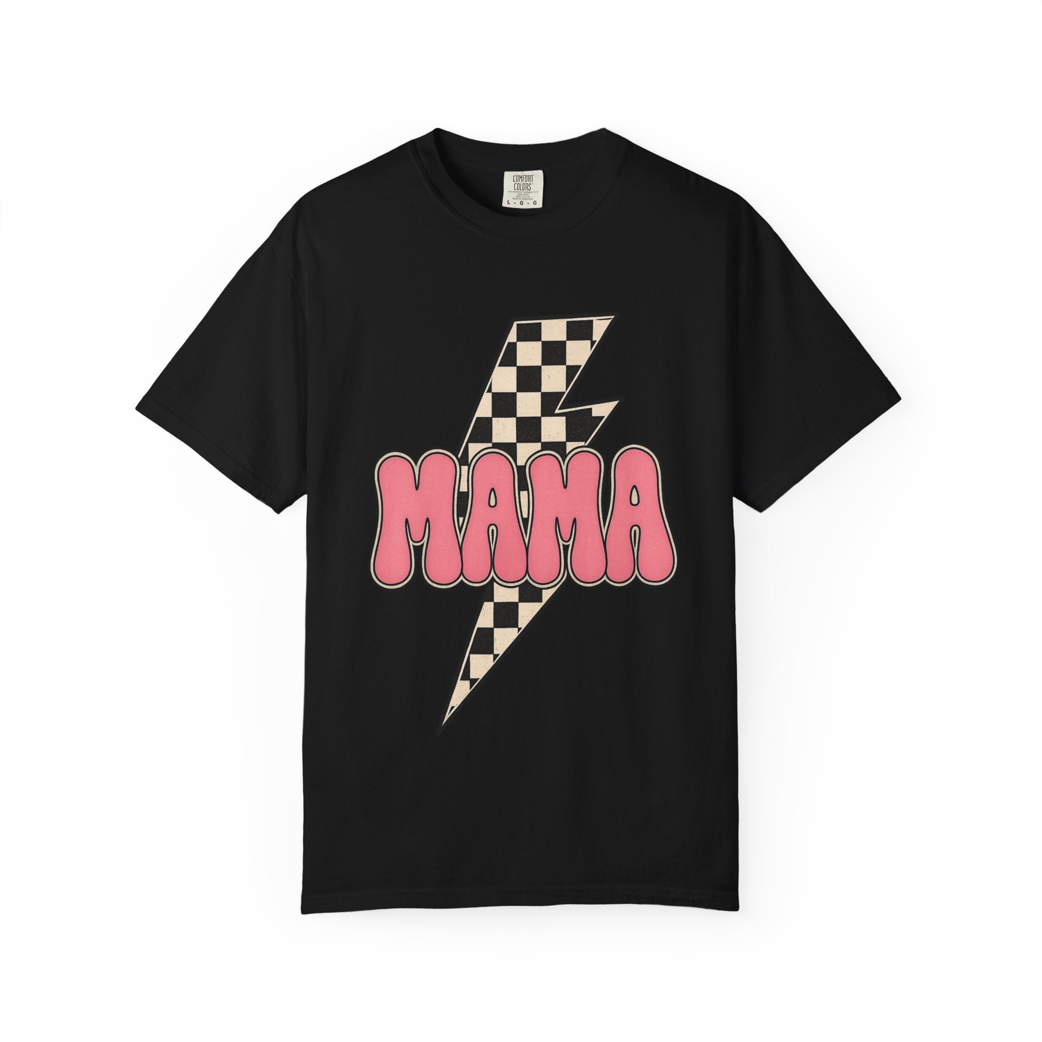 Mama Lightning Bolt T-Shirt – Retro Checkerboard Pink Graphic Tee for Moms