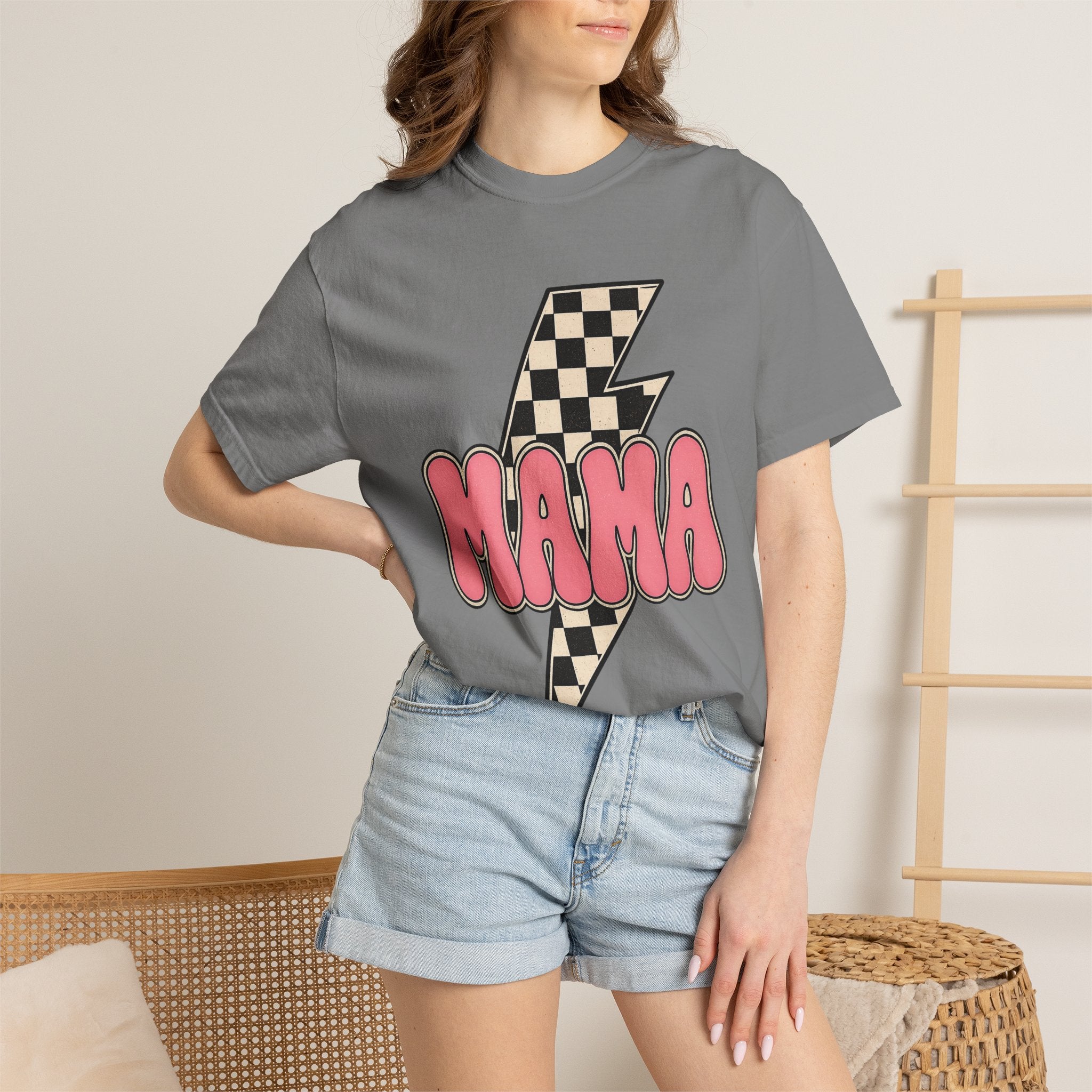 Mama Lightning Bolt T-Shirt — Retro Checkered Rocker Tee for Moms
