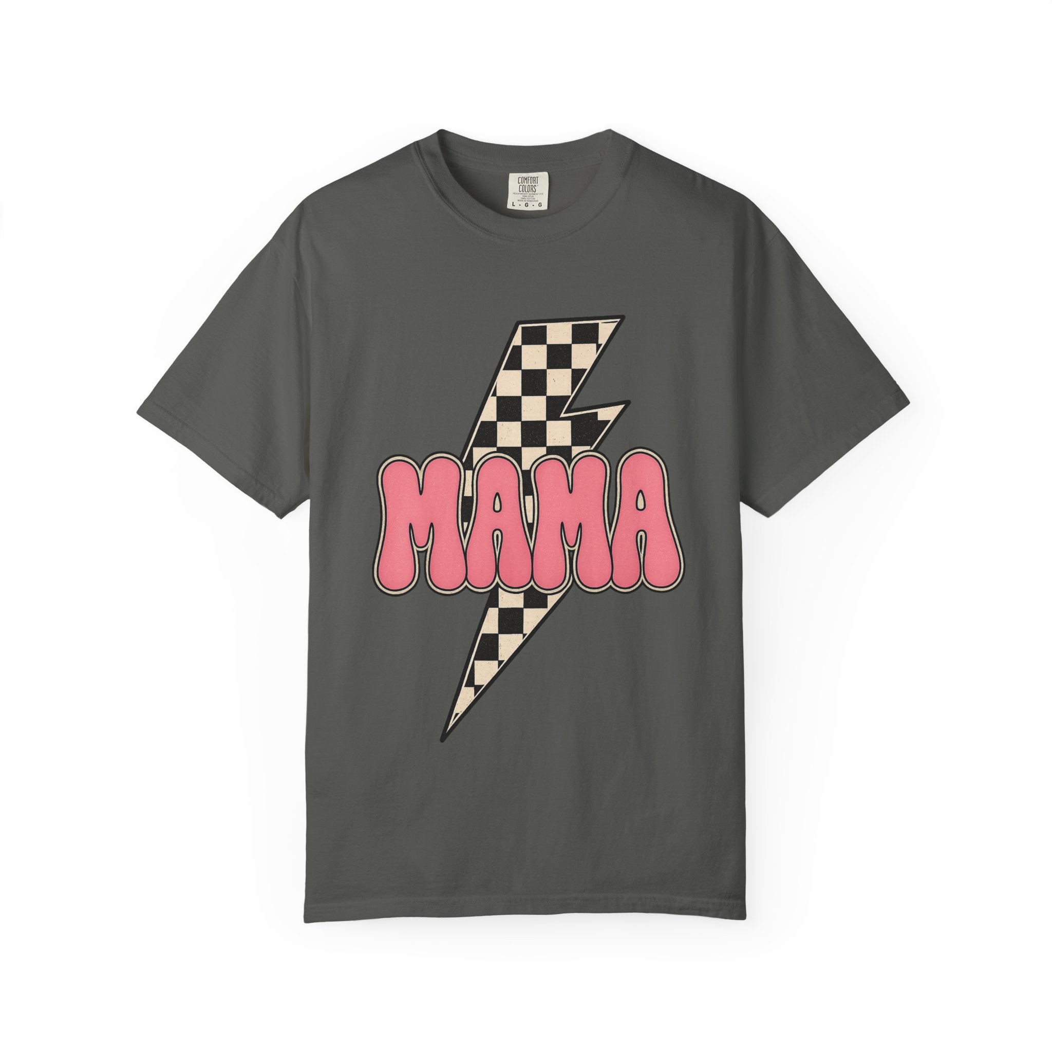 Mama Lightning Bolt T-Shirt – Retro Checkerboard Pink Graphic Tee for Moms
