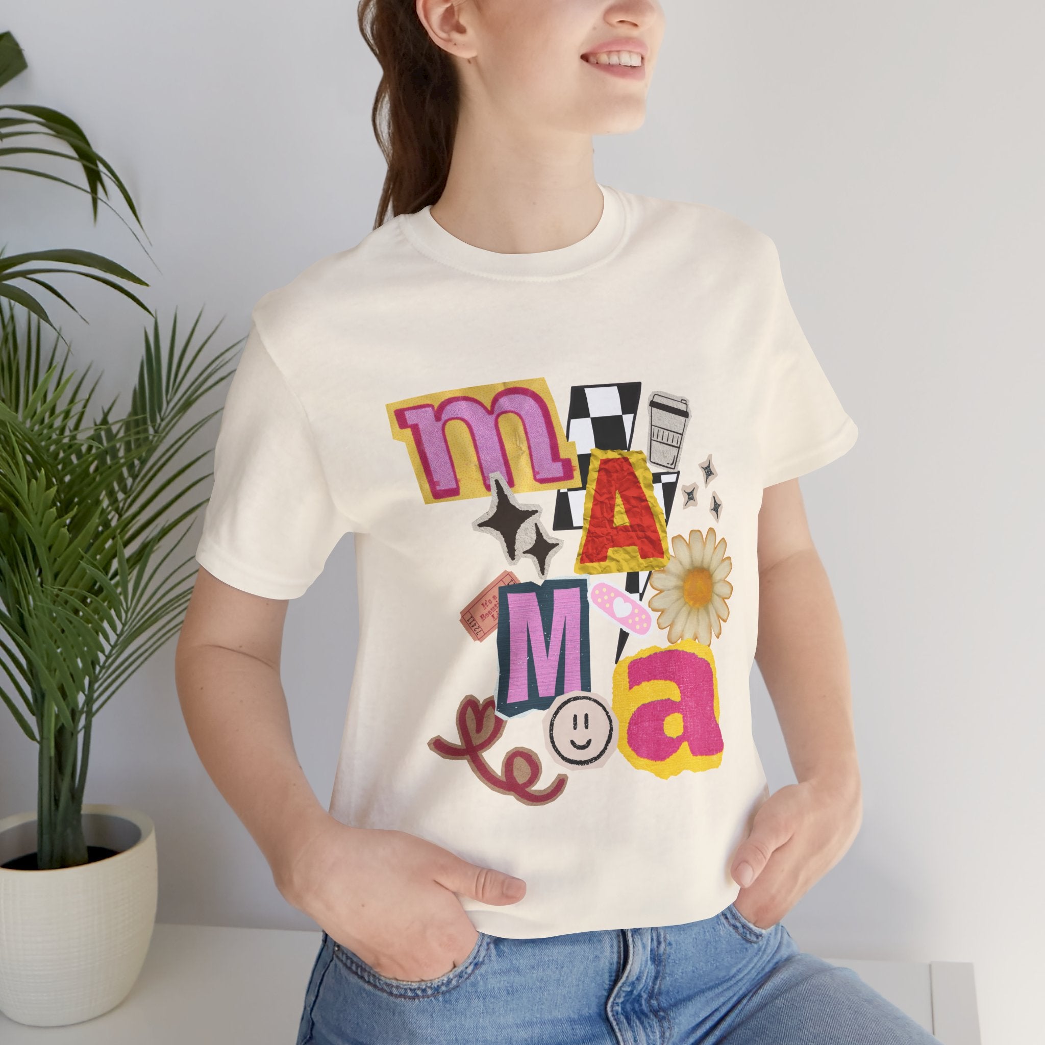 Mama Collage Graphic Tee — Retro Daisy Smile Patch Design