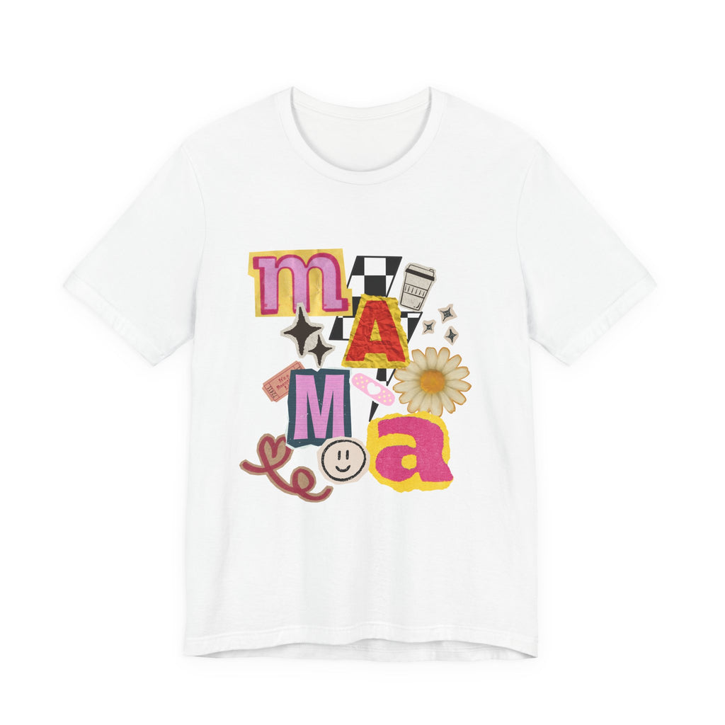 Mama Collage Graphic Tee — Retro Daisy Smile Patch Design