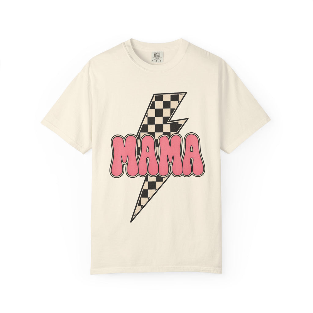 Mama Lightning Bolt T-Shirt — Retro Checkered Rocker Tee for Moms