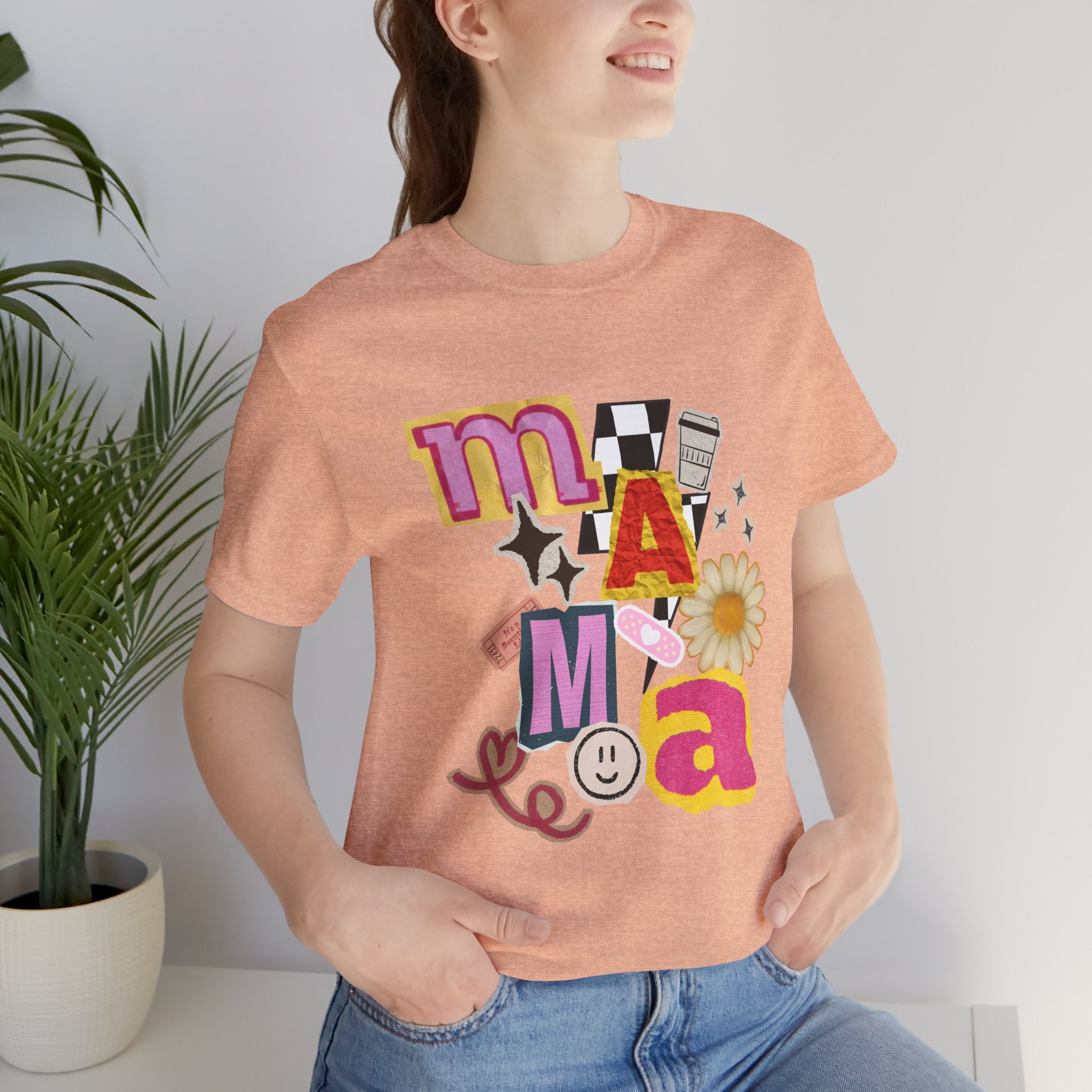 Mama Collage Graphic Tee — Retro Daisy Smile Patch Design
