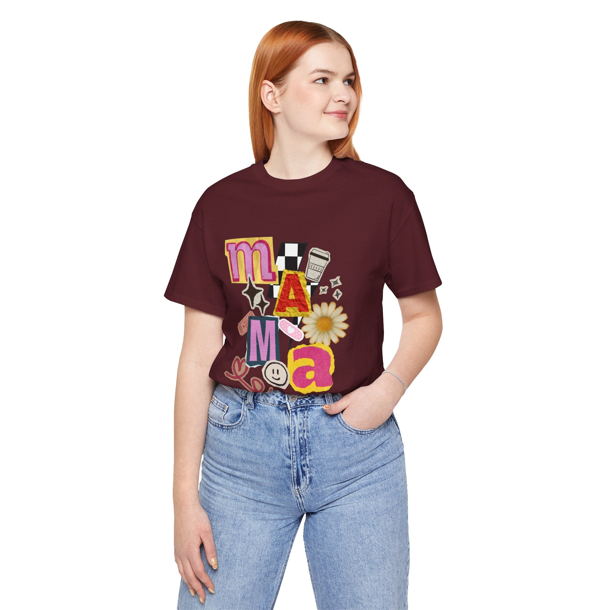 Mama Collage Graphic Tee — Retro Daisy Smile Patch Design