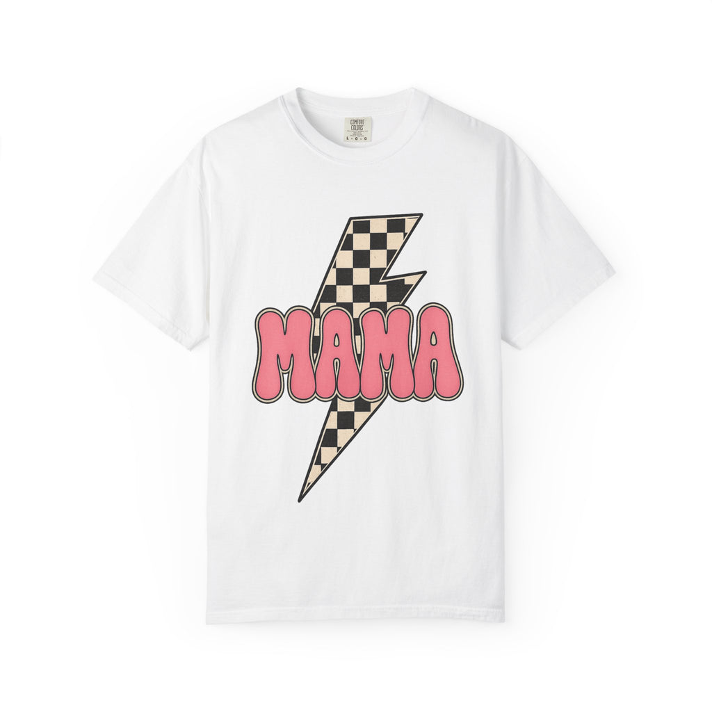 Mama Lightning Bolt T-Shirt – Retro Checkerboard Pink Graphic Tee for Moms