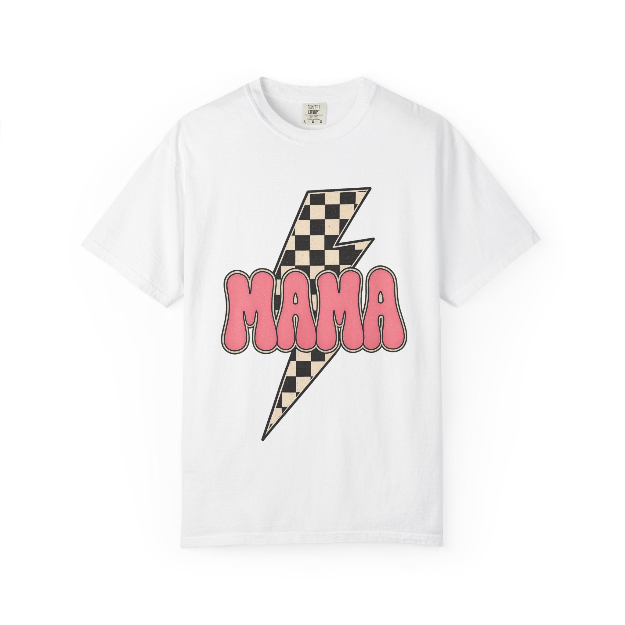 Mama Lightning Bolt T-Shirt – Retro Checkerboard Pink Graphic Tee for Moms