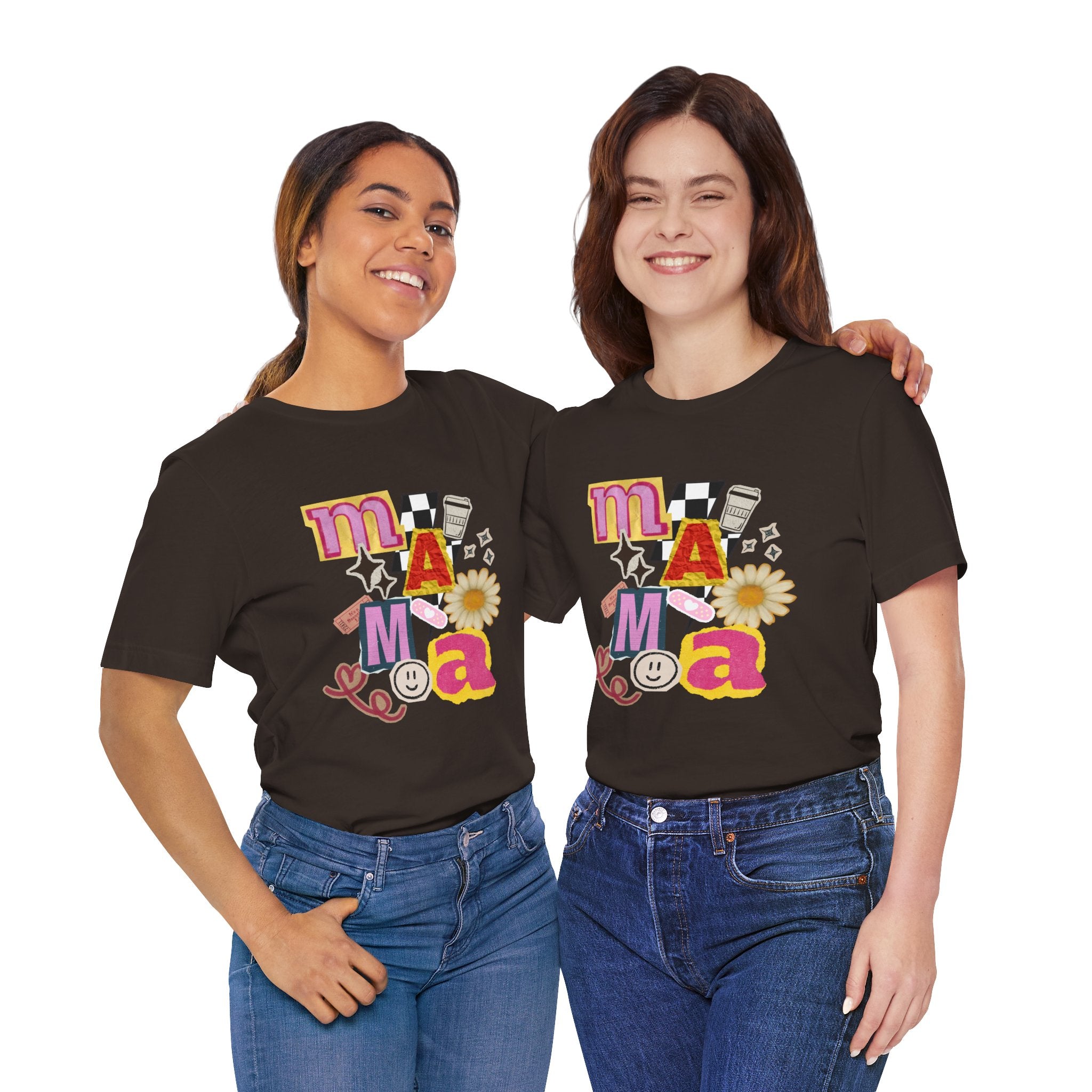 Mama Collage Graphic Tee — Retro Daisy Smile Patch Design