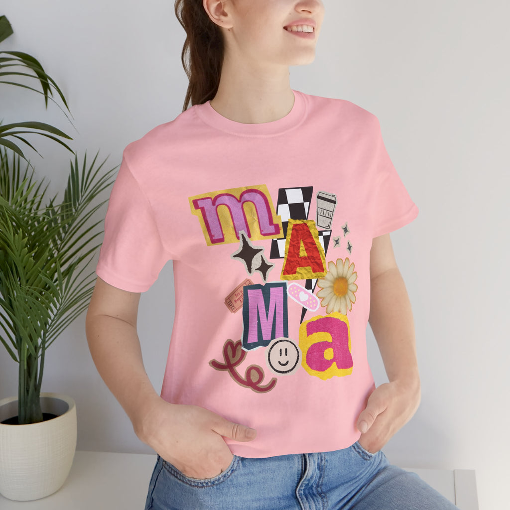 Mama Collage Graphic Tee — Retro Daisy Smile Patch Design