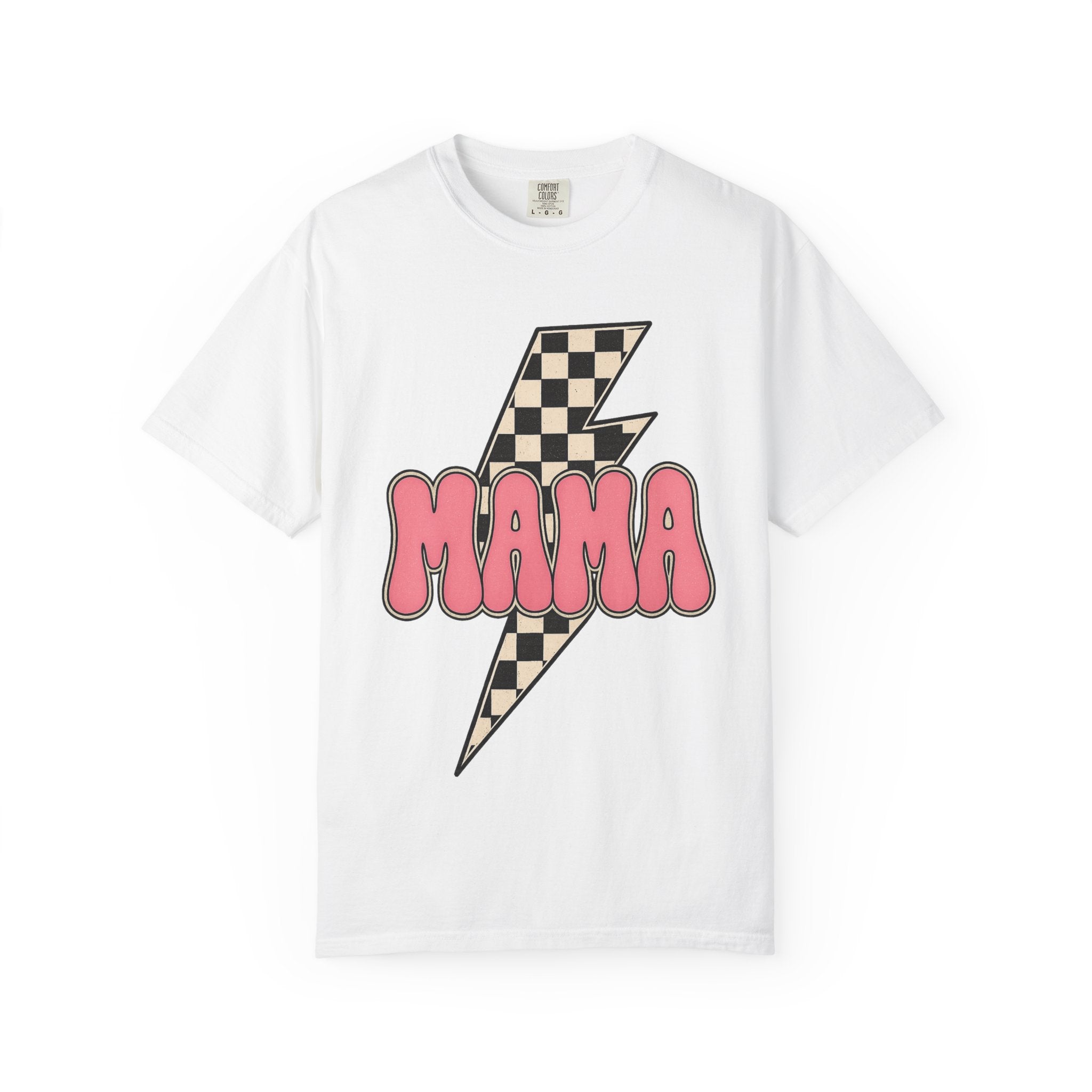 Mama Lightning Bolt T-Shirt — Retro Checkered Rocker Tee for Moms