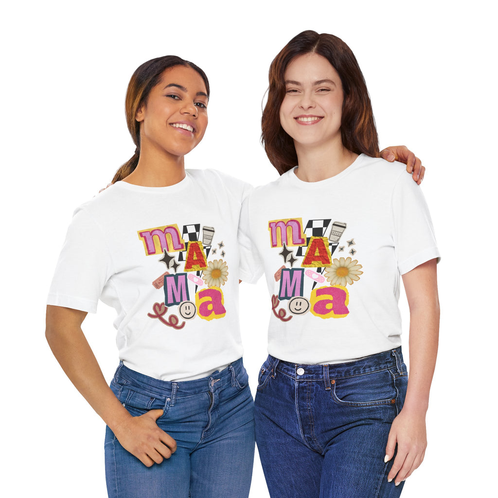Mama Collage Graphic Tee — Retro Daisy Smile Patch Design