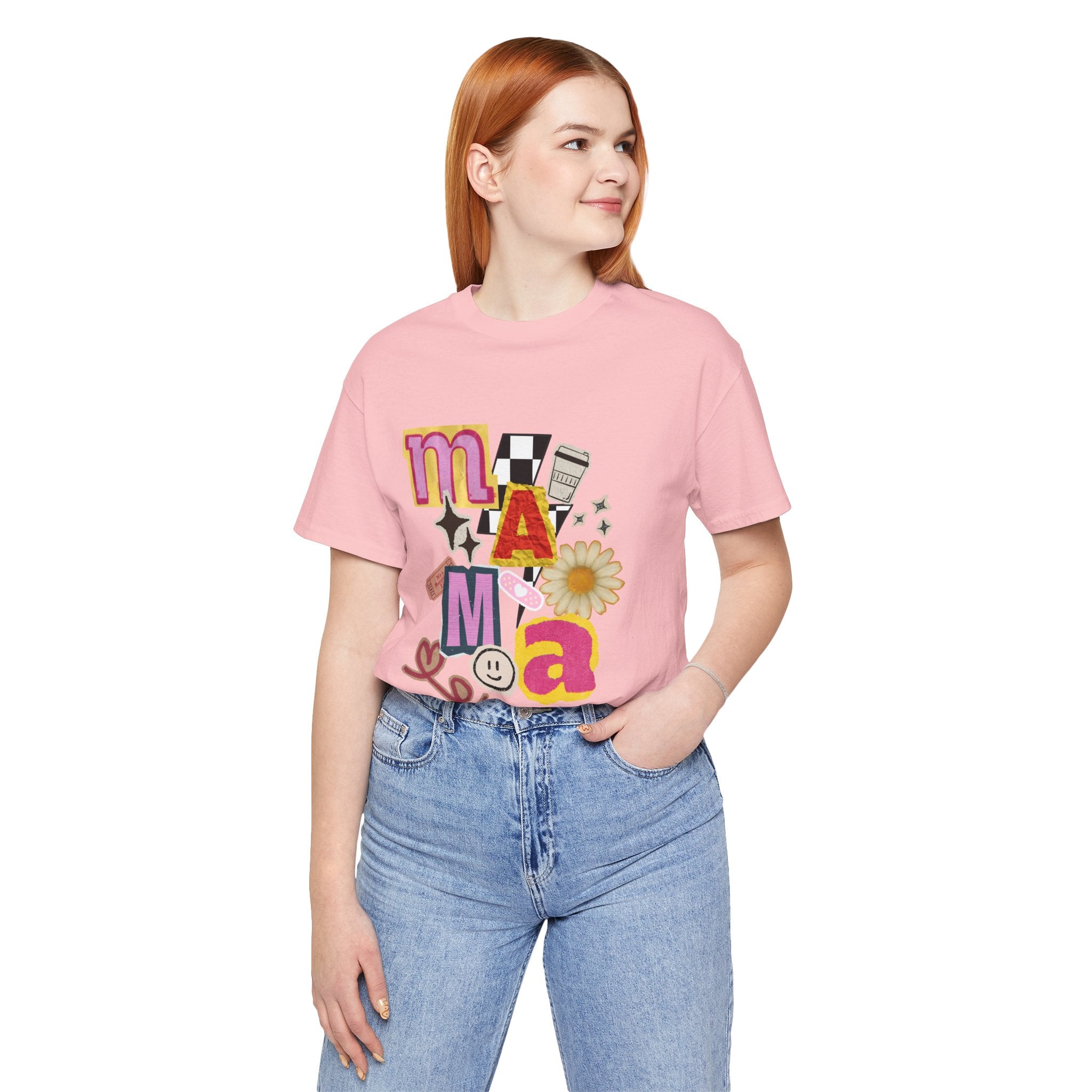 Mama Collage Graphic Tee — Retro Daisy Smile Patch Design