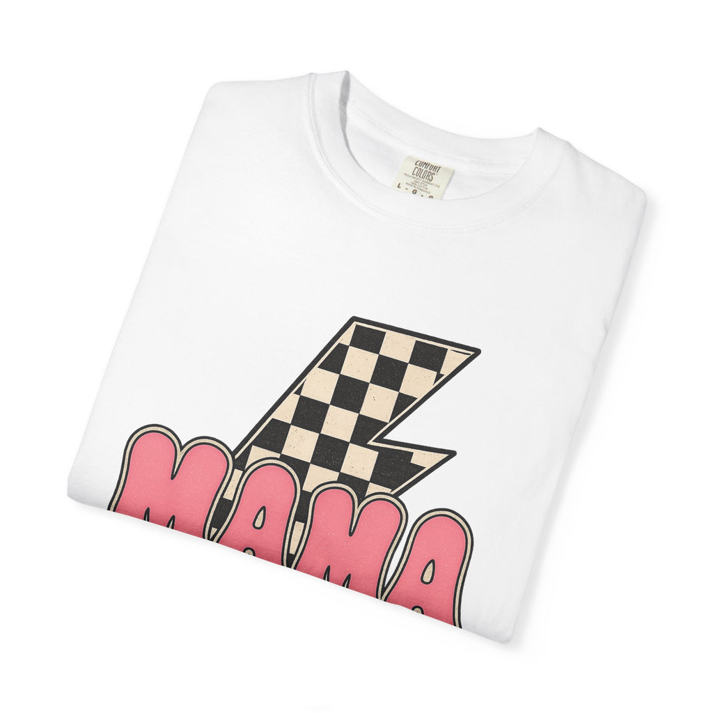Mama Lightning Bolt T-Shirt – Retro Checkerboard Pink Graphic Tee for Moms