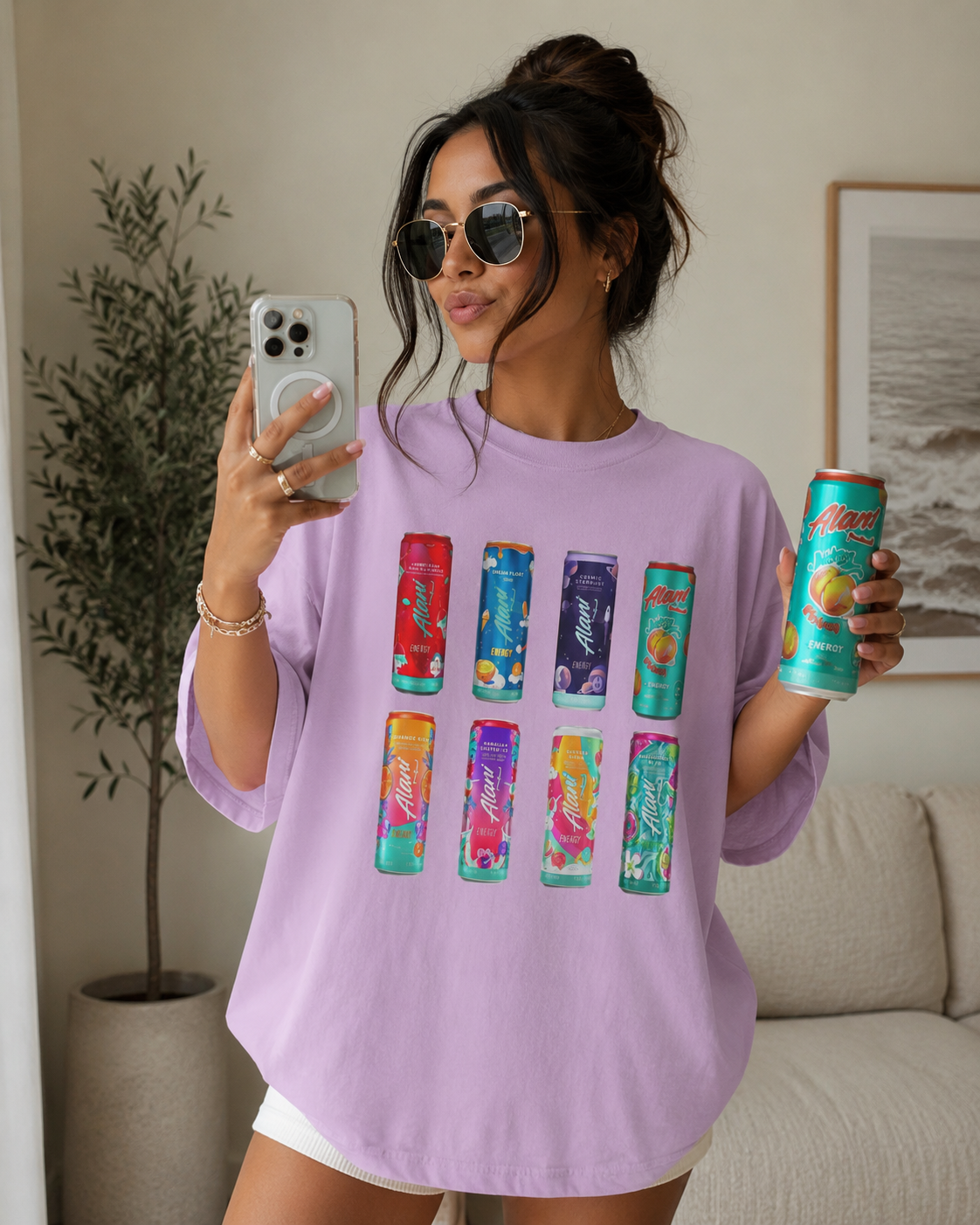 Alani Inspired Energy Drink Oversized Graphic Tee | Trendy Lavender Comfort Colors Style T-Shirt | Gym Girl, Energy Drink Lover, Casual Summer Tee