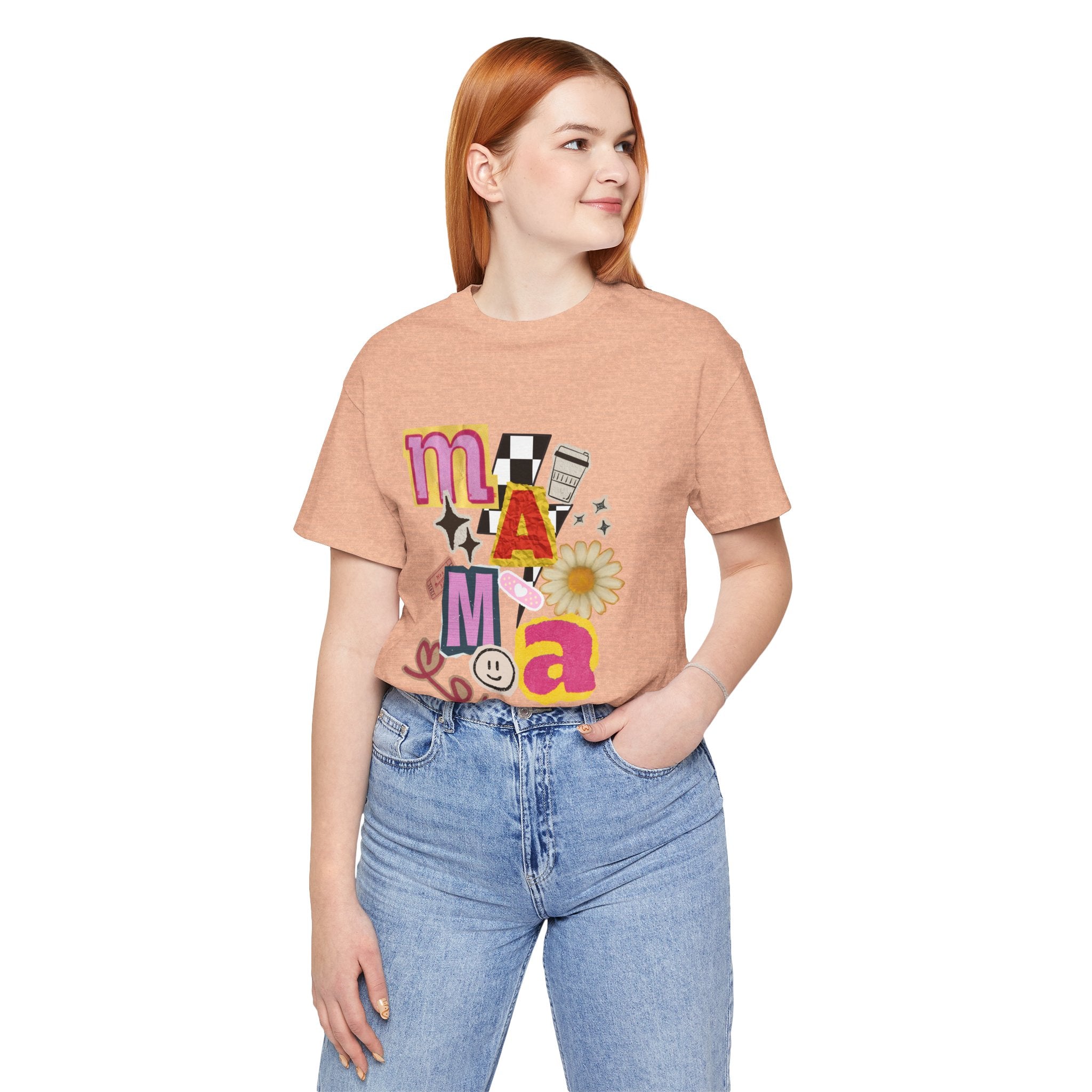 Mama Collage Graphic Tee — Retro Daisy Smile Patch Design