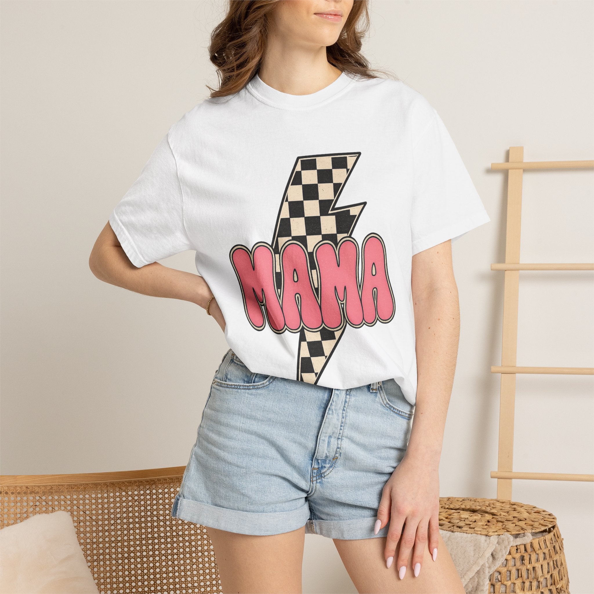 Mama Lightning Bolt T-Shirt — Retro Checkered Rocker Tee for Moms