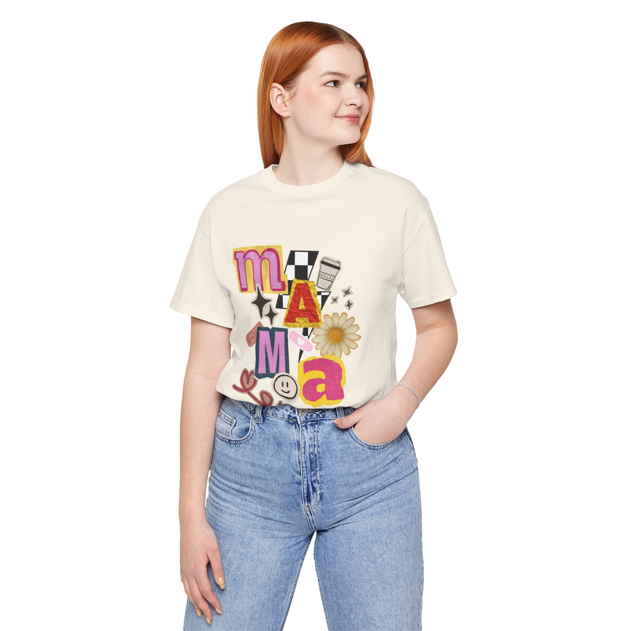 Mama Collage Graphic Tee — Retro Daisy Smile Patch Design
