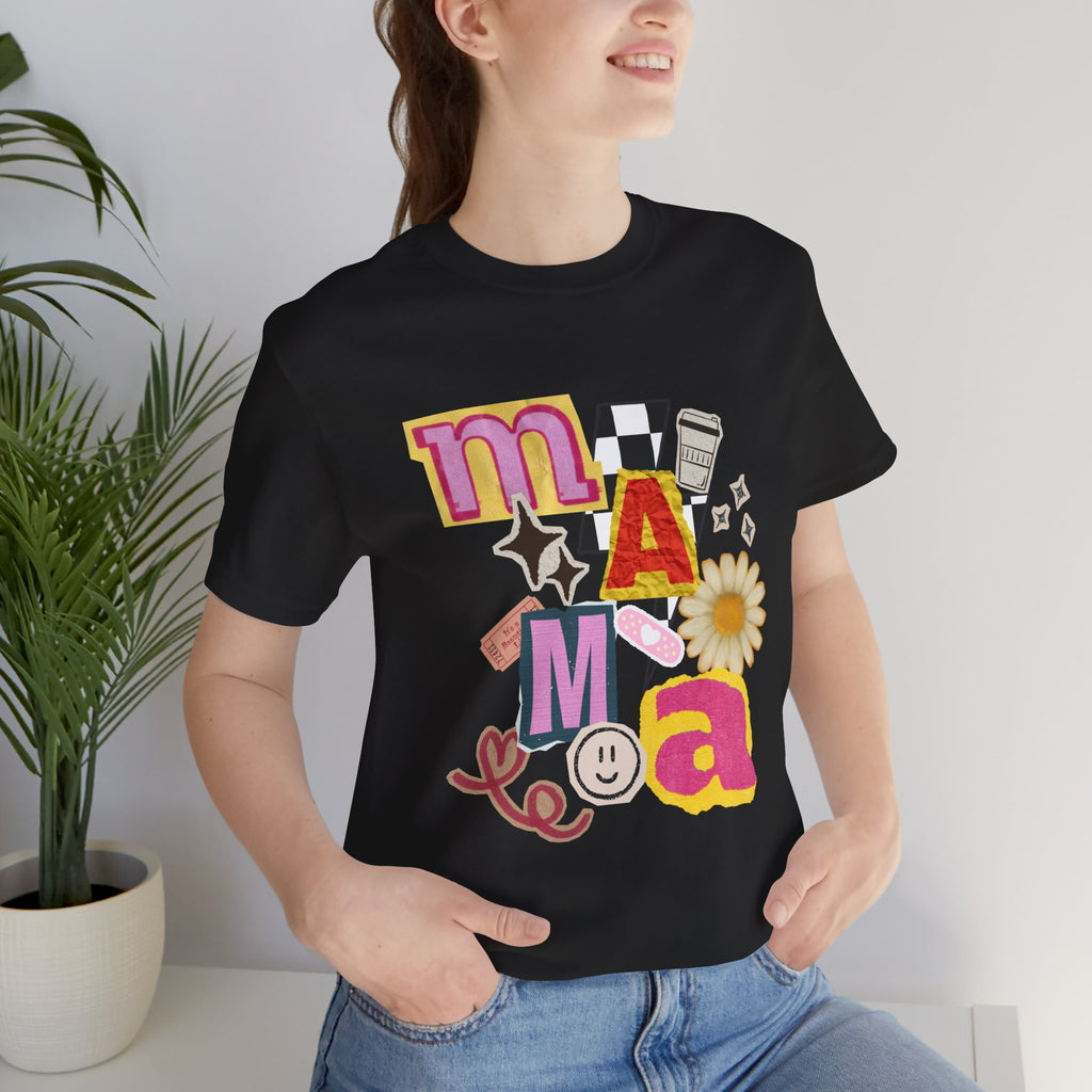 Mama Collage Graphic Tee — Retro Daisy Smile Patch Design
