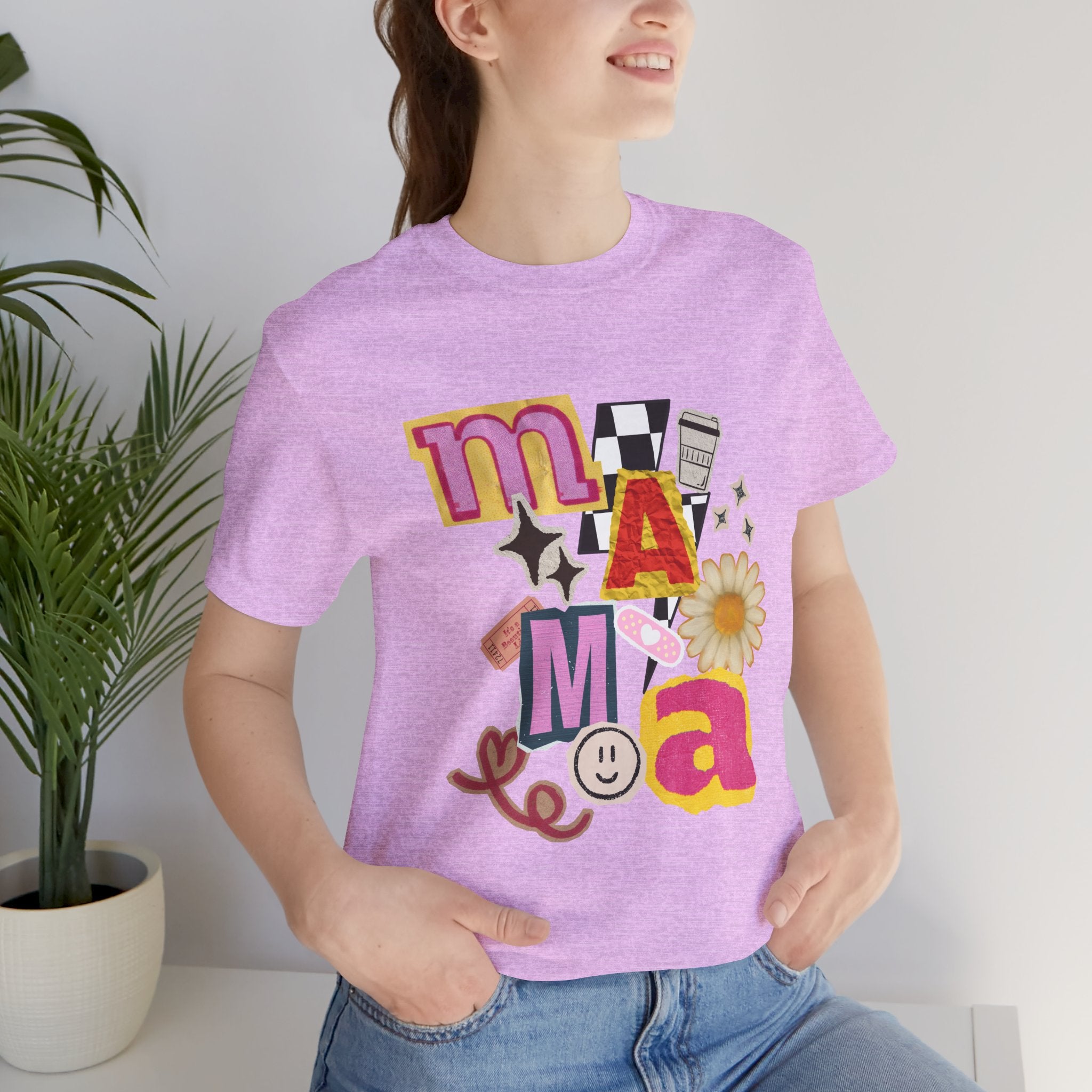 Mama Collage Graphic Tee — Retro Daisy Smile Patch Design