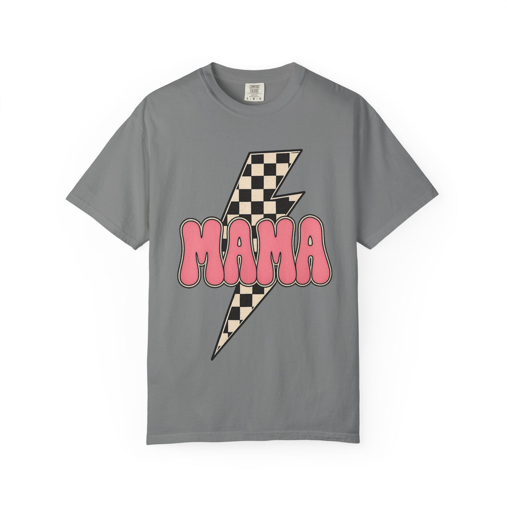 Mama Lightning Bolt T-Shirt — Retro Checkered Rocker Tee for Moms
