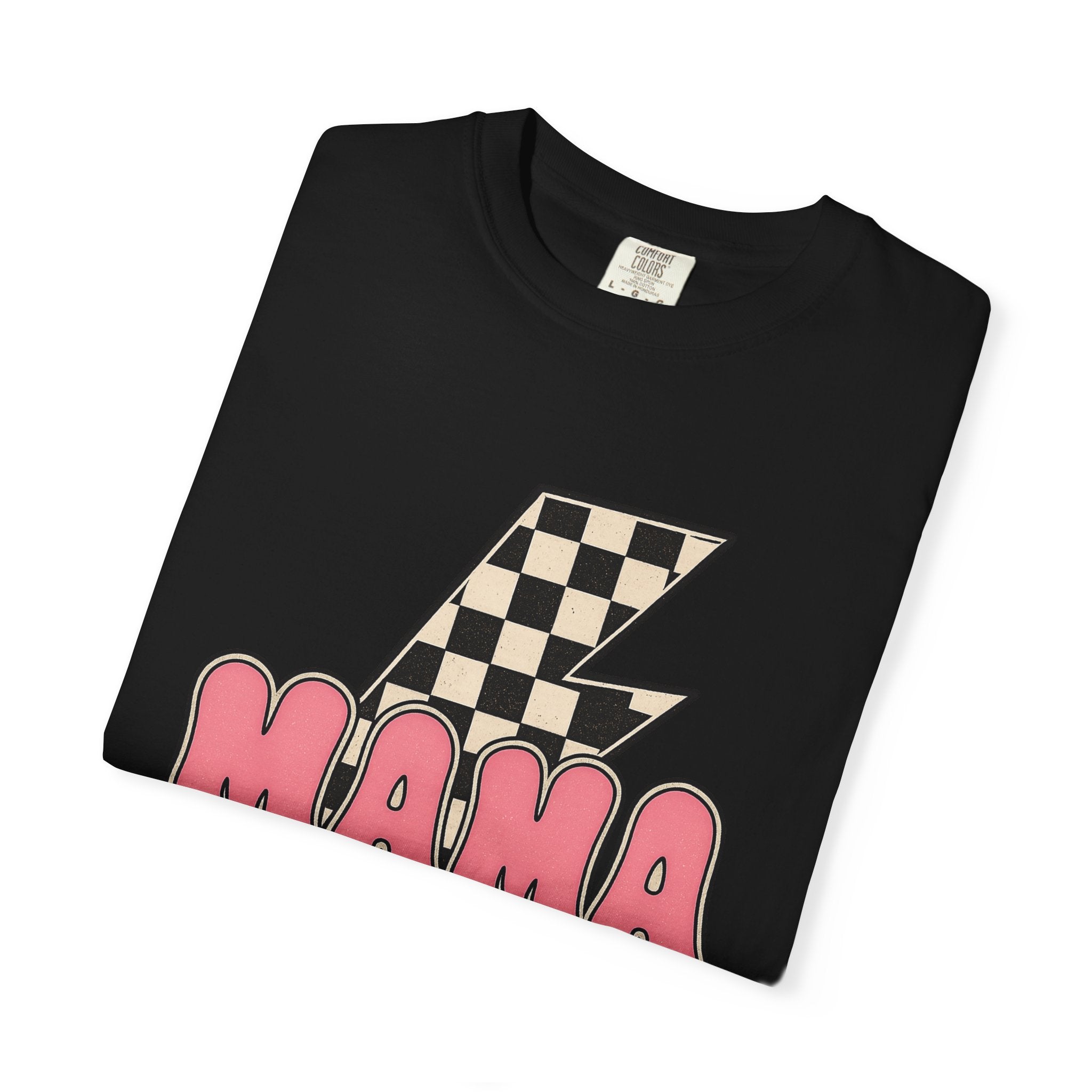 Mama Lightning Bolt T-Shirt – Retro Checkerboard Pink Graphic Tee for Moms