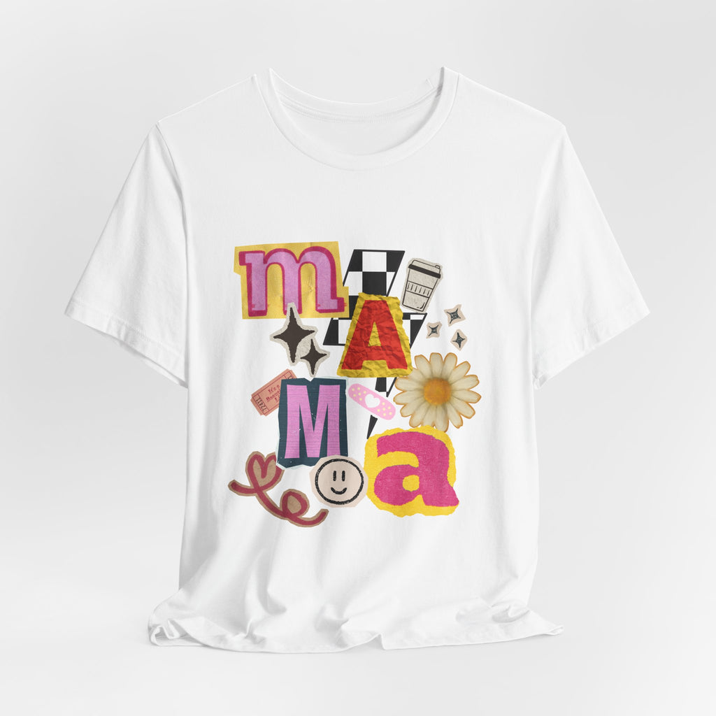 Mama Collage Graphic Tee — Retro Daisy Smile Patch Design