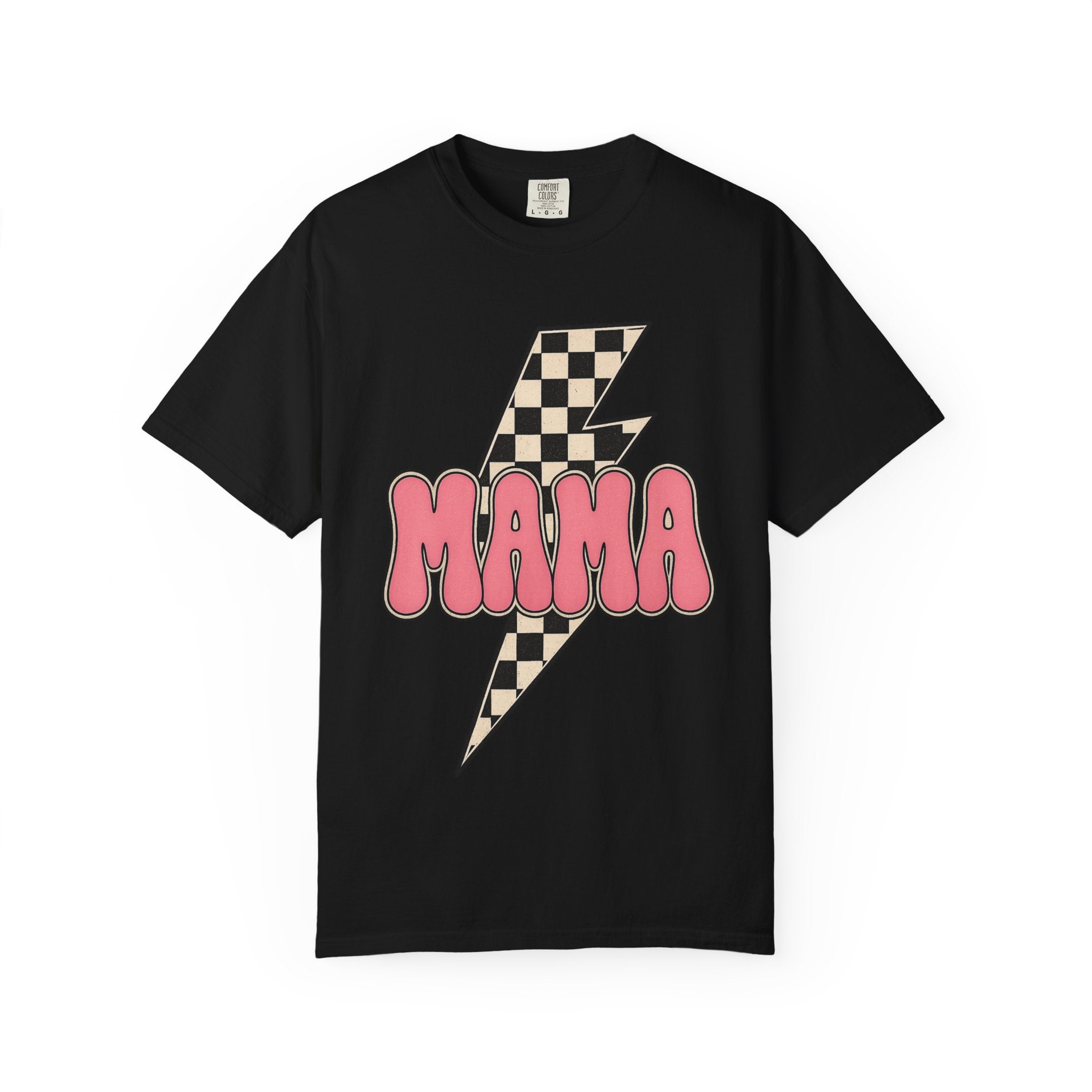 Mama Lightning Bolt T-Shirt — Retro Checkered Rocker Tee for Moms