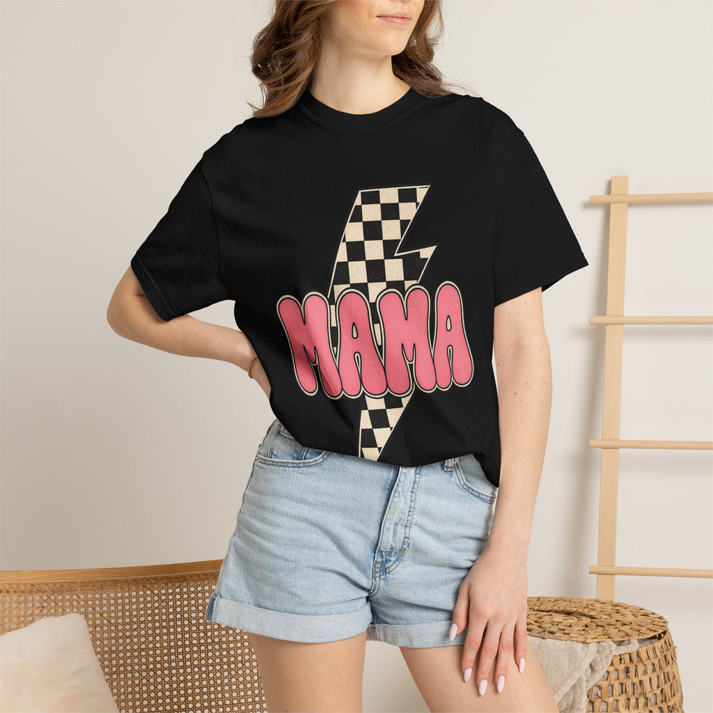 Mama Lightning Bolt T-Shirt — Retro Checkered Rocker Tee for Moms