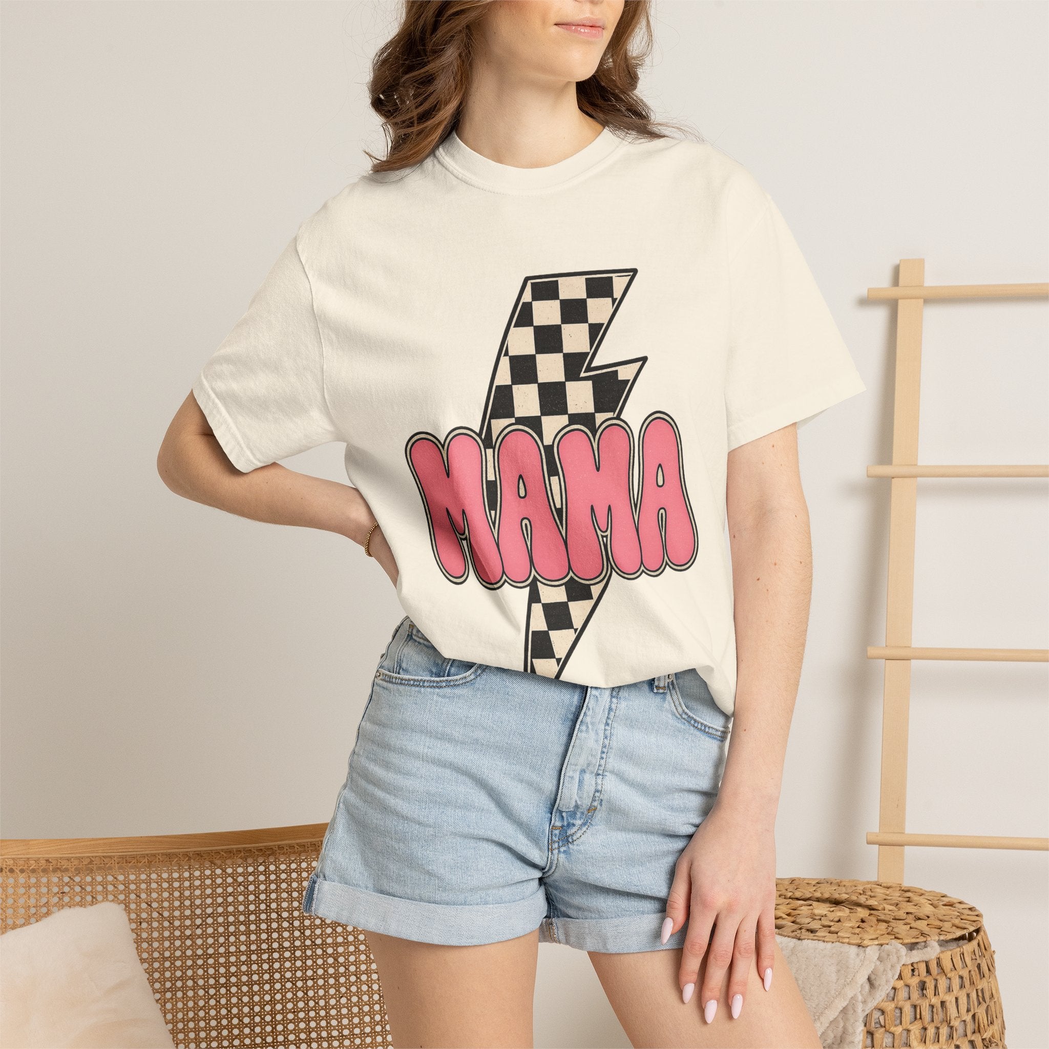 Mama Lightning Bolt T-Shirt — Retro Checkered Rocker Tee for Moms