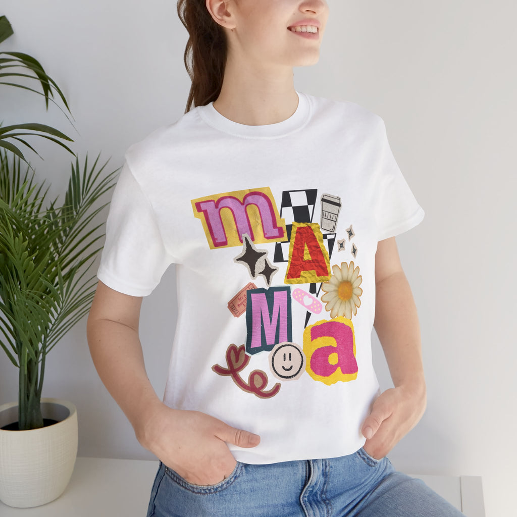 Mama Collage Graphic Tee — Retro Daisy Smile Patch Design