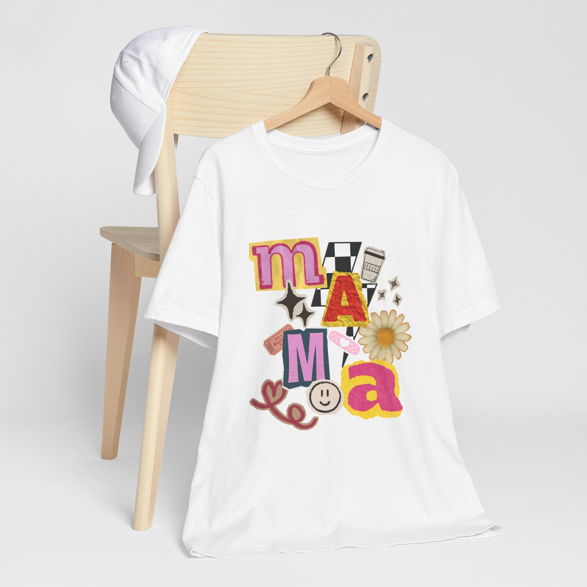 Mama Collage Graphic Tee — Retro Daisy Smile Patch Design