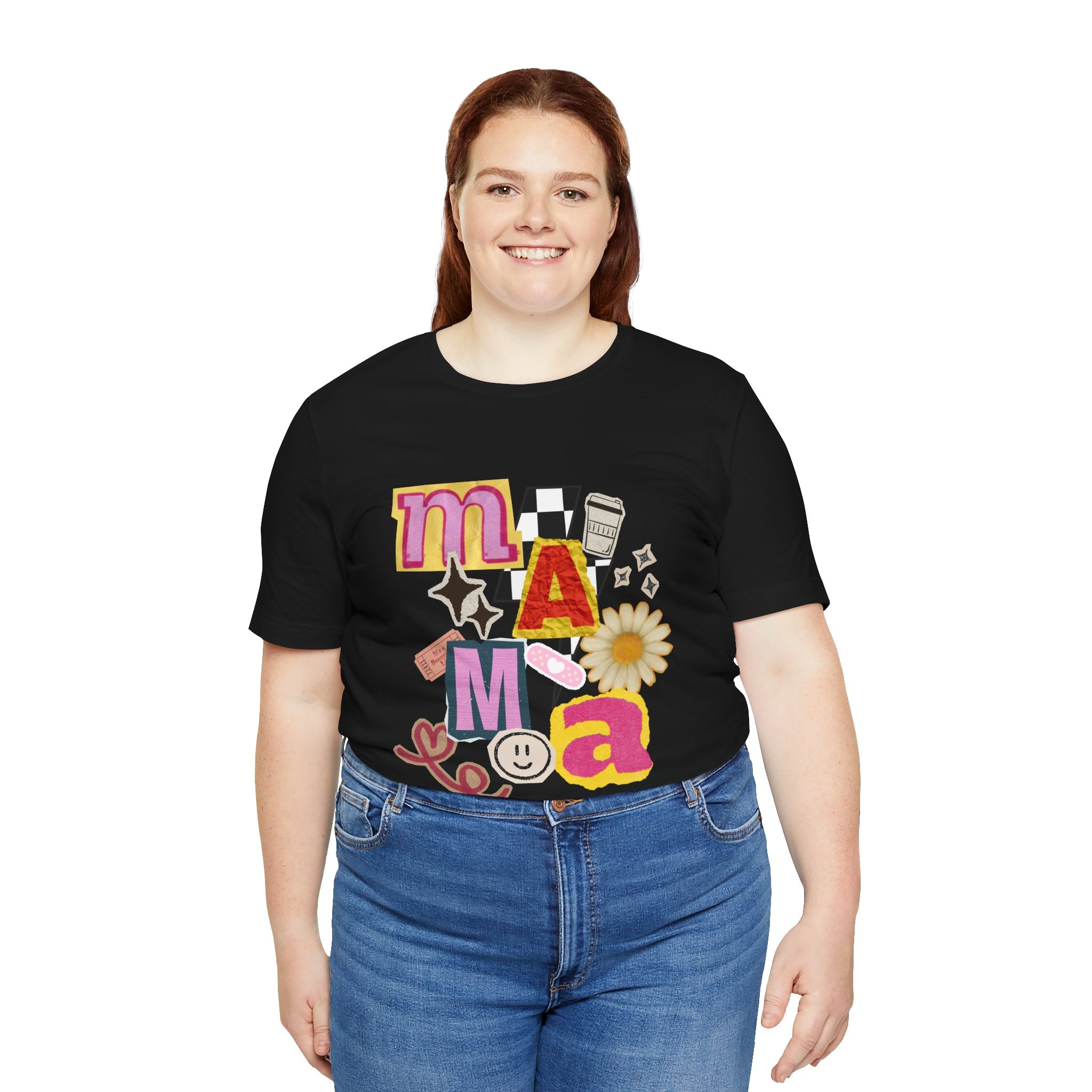 Mama Collage Graphic Tee — Retro Daisy Smile Patch Design